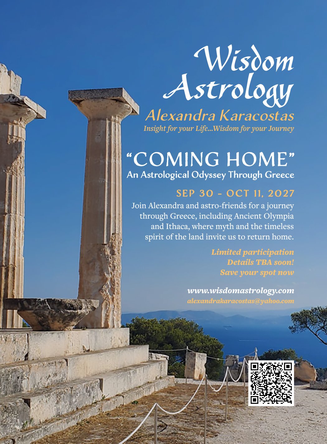 Alexandra Karacostas + Wisdom Astrology ad / flyer design featuring "COMING HOME" Astrology Retreat and Tour in Greece October 2027