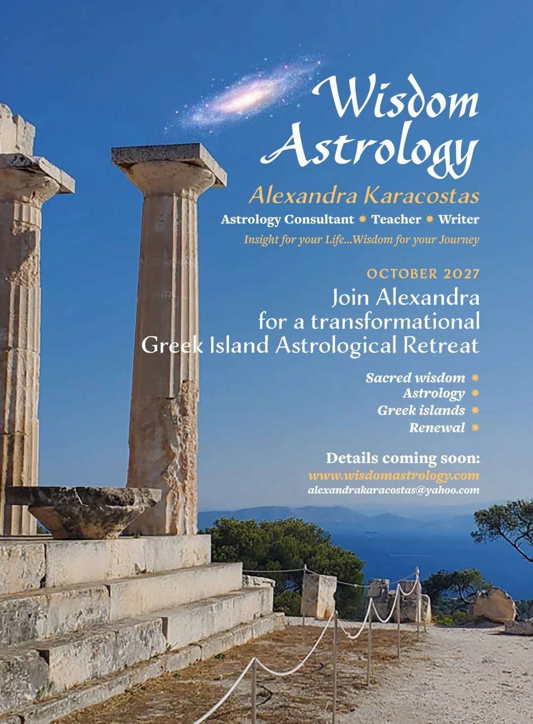Flyer / digital ad design for Wisdom Astrology / Alexandra Karacostas October 2027 Greek Island Astrological Retreat