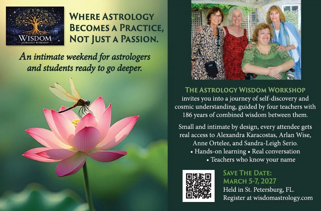 The Astrology Wisdom Workshop flyer for March 5-7, 2027 with Alexandra Karacostas, Arlan Wise, Anne Ortelee, and Sandra-Leigh Serio in St. Petersburg, FL