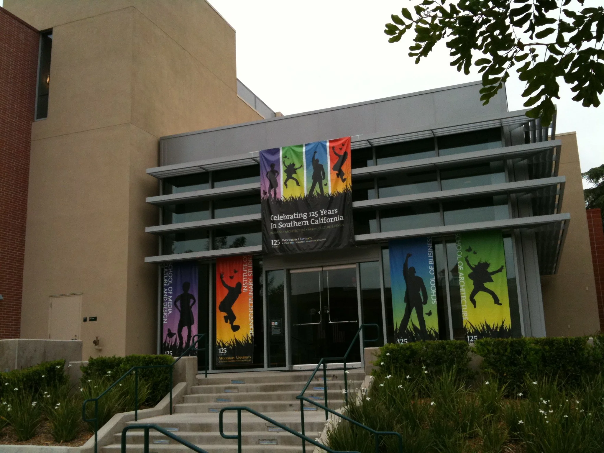 Business school lobby entry close up