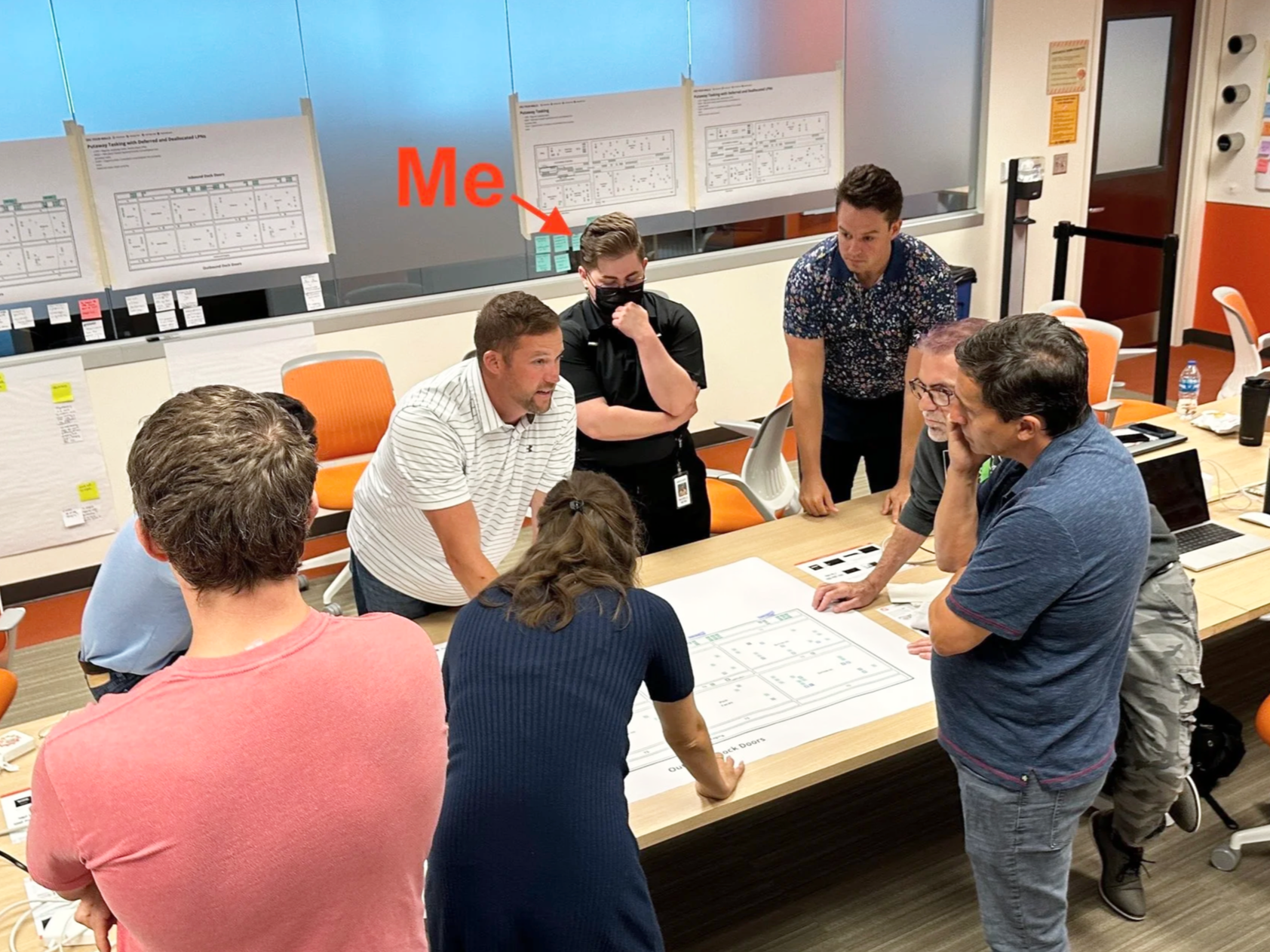 Photograph of me at on on-site workshop surrounded by Product, Engineering, UX, and SME stakeholders in an office setting.