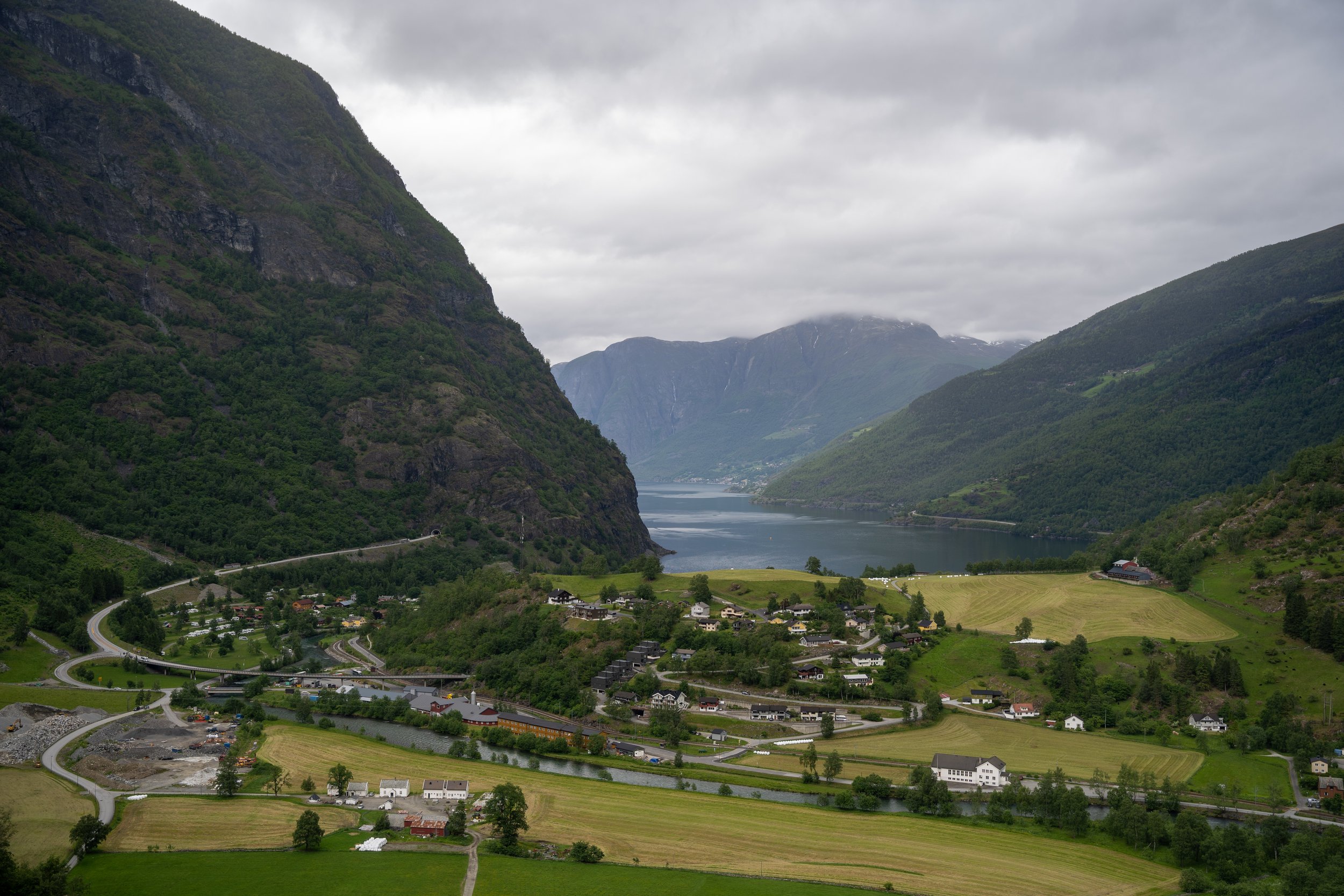 View of Flåm from Brekkefossen waterfall