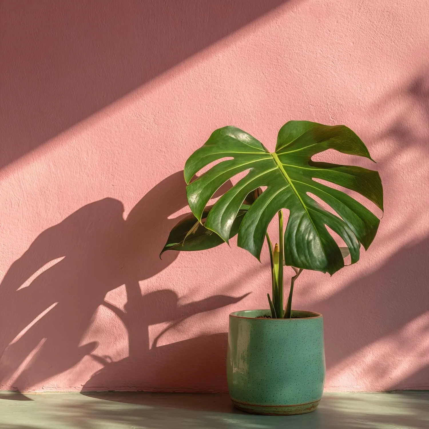 Green monstera plant in a teal pot casts a shadow against a sunlit pink wall. The scene conveys a serene and tropical vibe