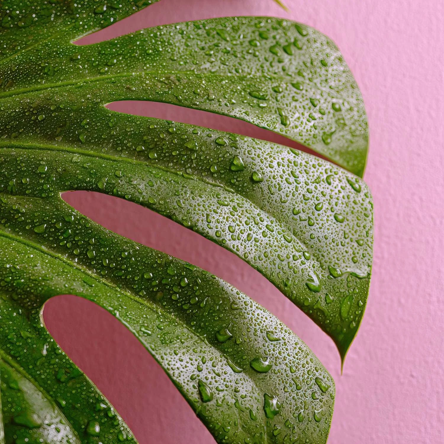 A green monstera plant dripping with water against a pastel pink background