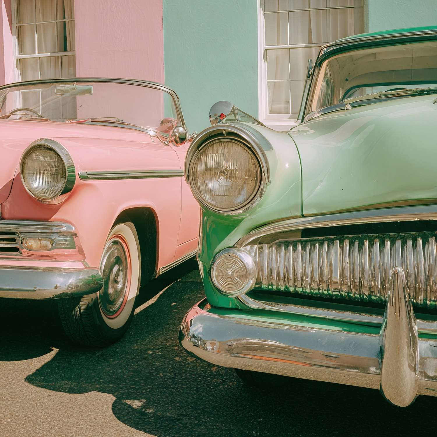 Two stylish pink and green vintage cars parked side by side representing creative collaborations