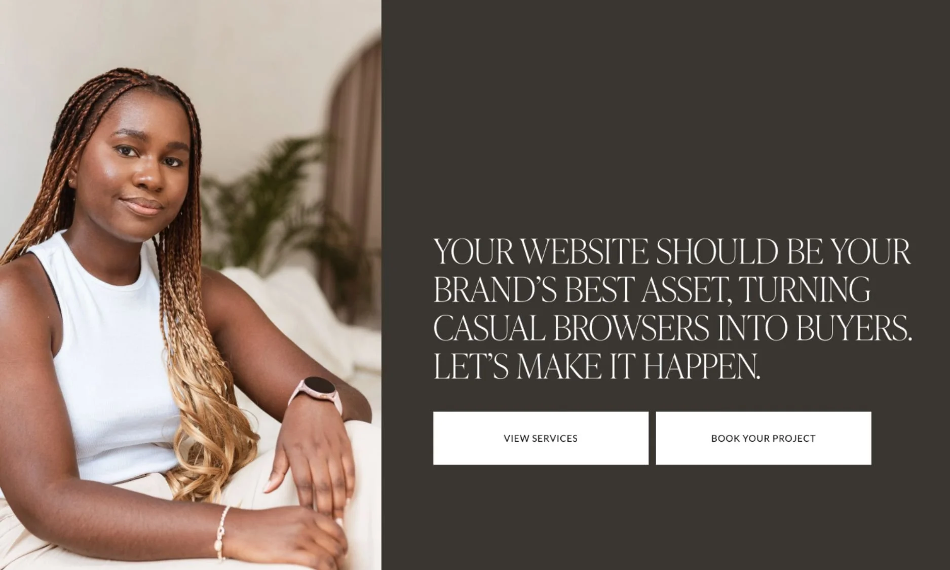 Old homepage call to action on Elisabeth Barnes's website displaying dull and flat copy 'Your website should be your brand's best asset, turning casual browsers into buyers. Let's make it happen'