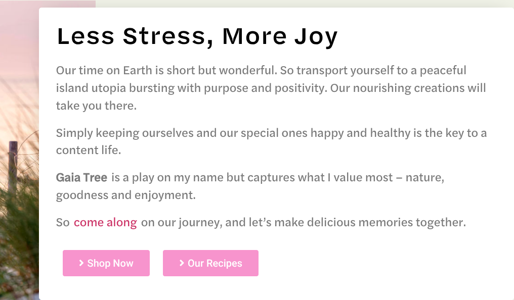 Portfolio piece of Gaia Tree website copy about page