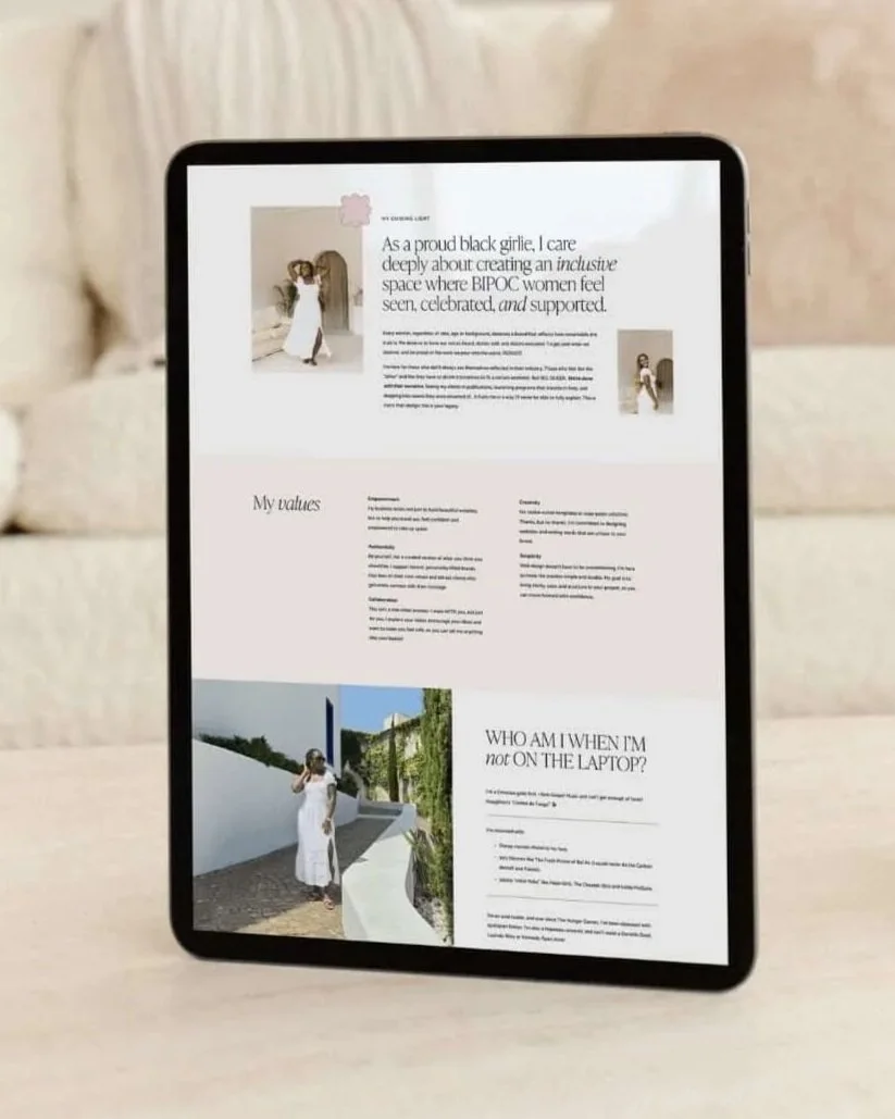 About page copy example of Elisabeth Barne's website displaying on a digital tablet with a comfy couch in the background