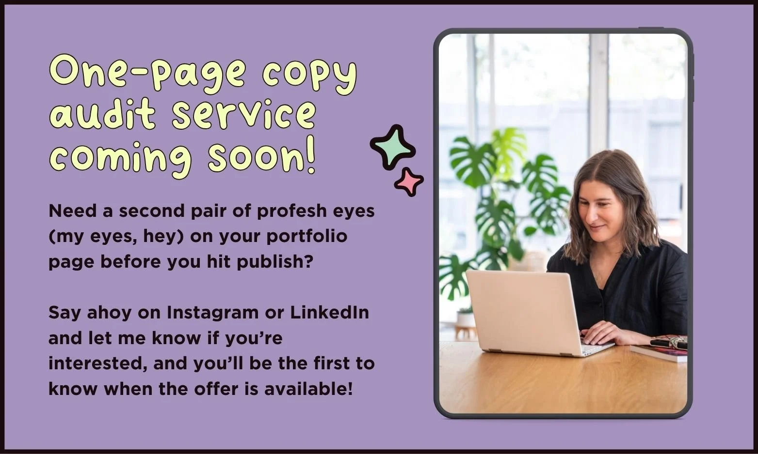Sarah Marriott website copywriter sits at a desk on her laptop with greenery in the background. Title reads 'one-page copy audit service coming soon!'