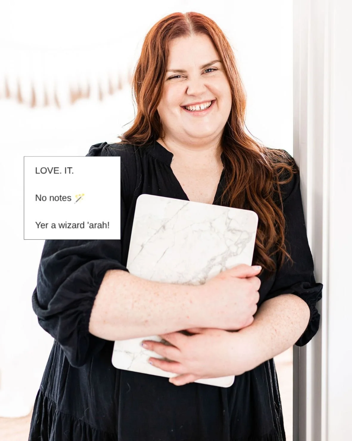 Tahryn Bolt, Sarah's client, smiling, holding a laptop with a screen shot of social proof