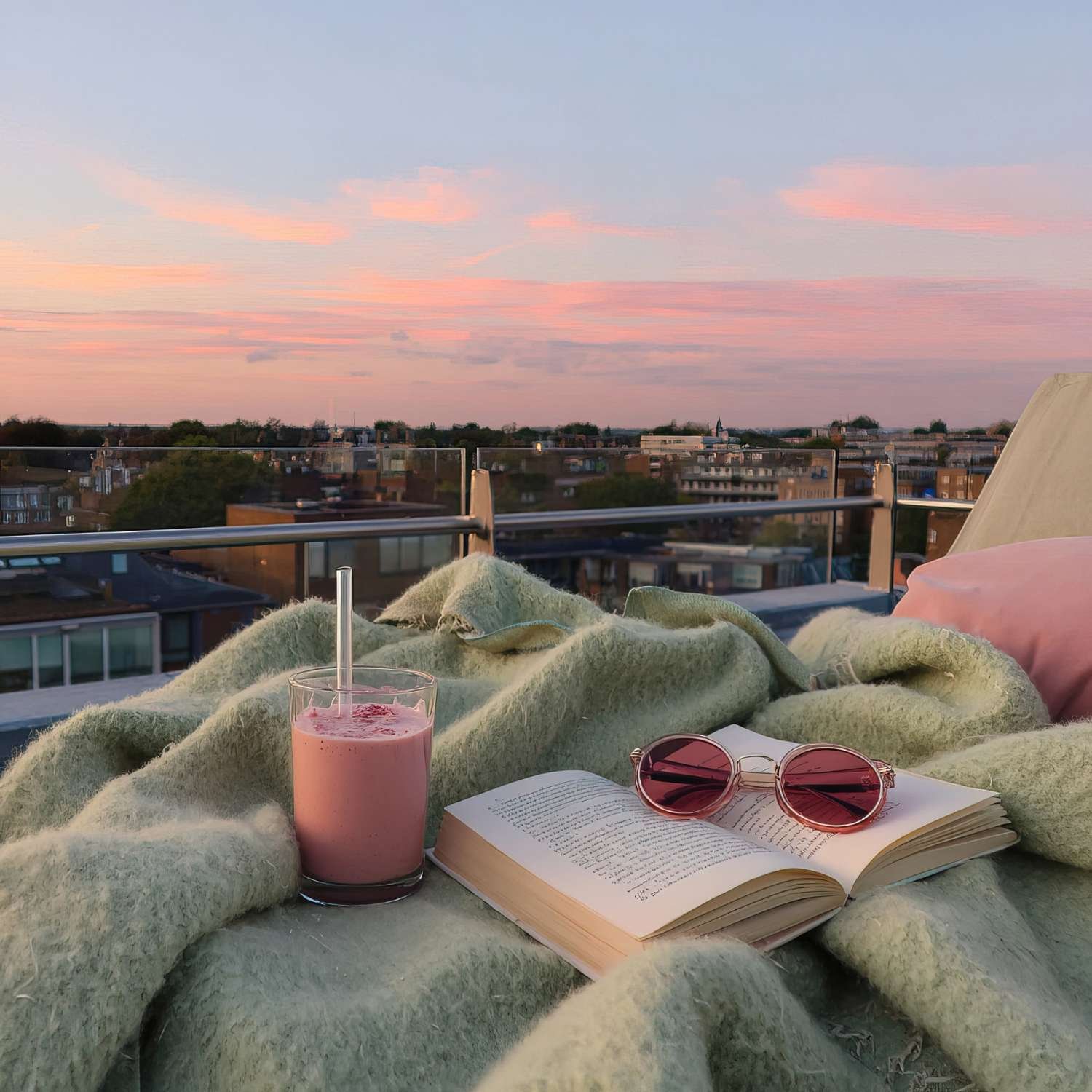 A cosy rooftop scene at sunset with an open book, round sunglasses, and a pink smoothie on a soft, green blanket. The sky is painted in pastel pinks.