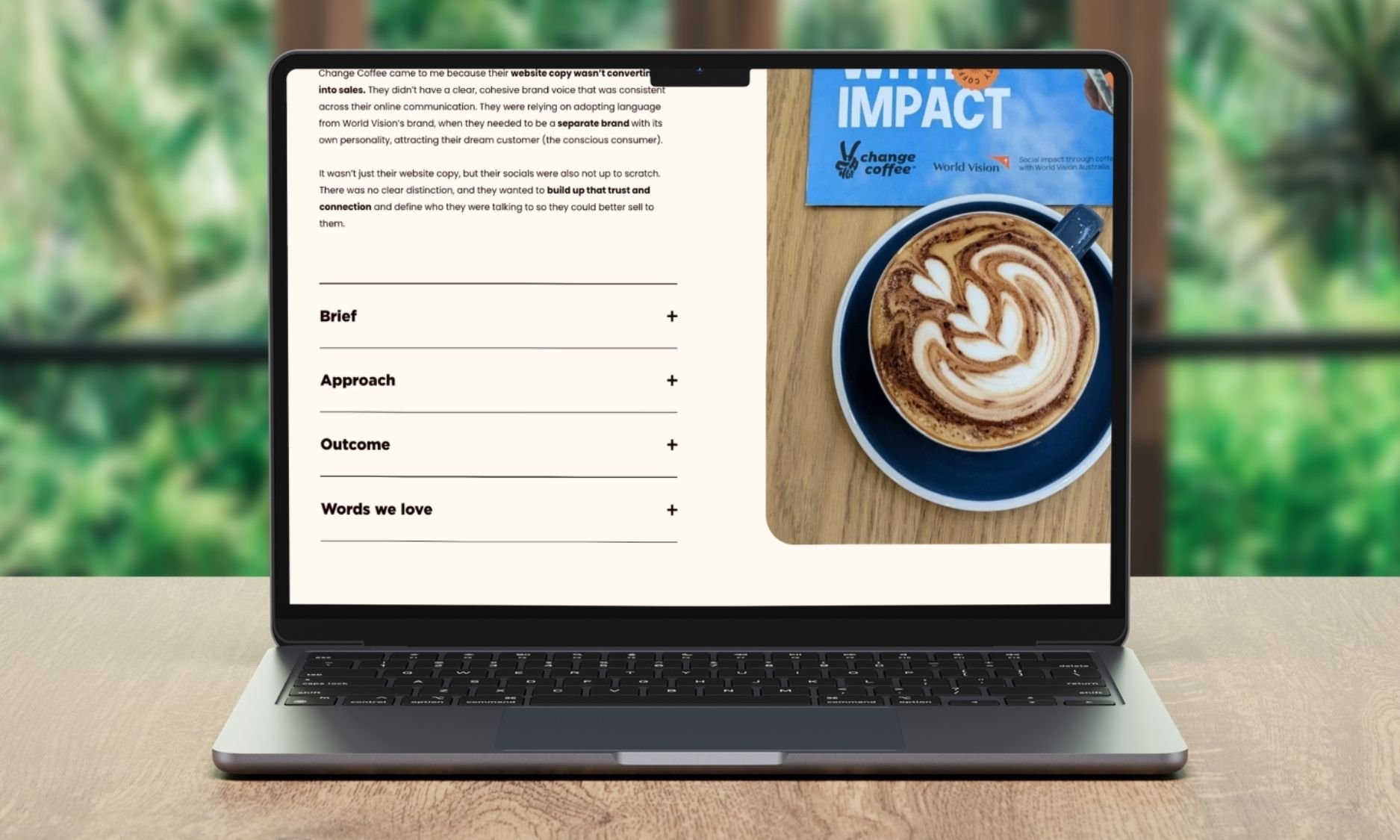 mock-up example of a case study using Sarah Marriott's portfolio page displayed on a laptop on a wooden table with greenery in the background