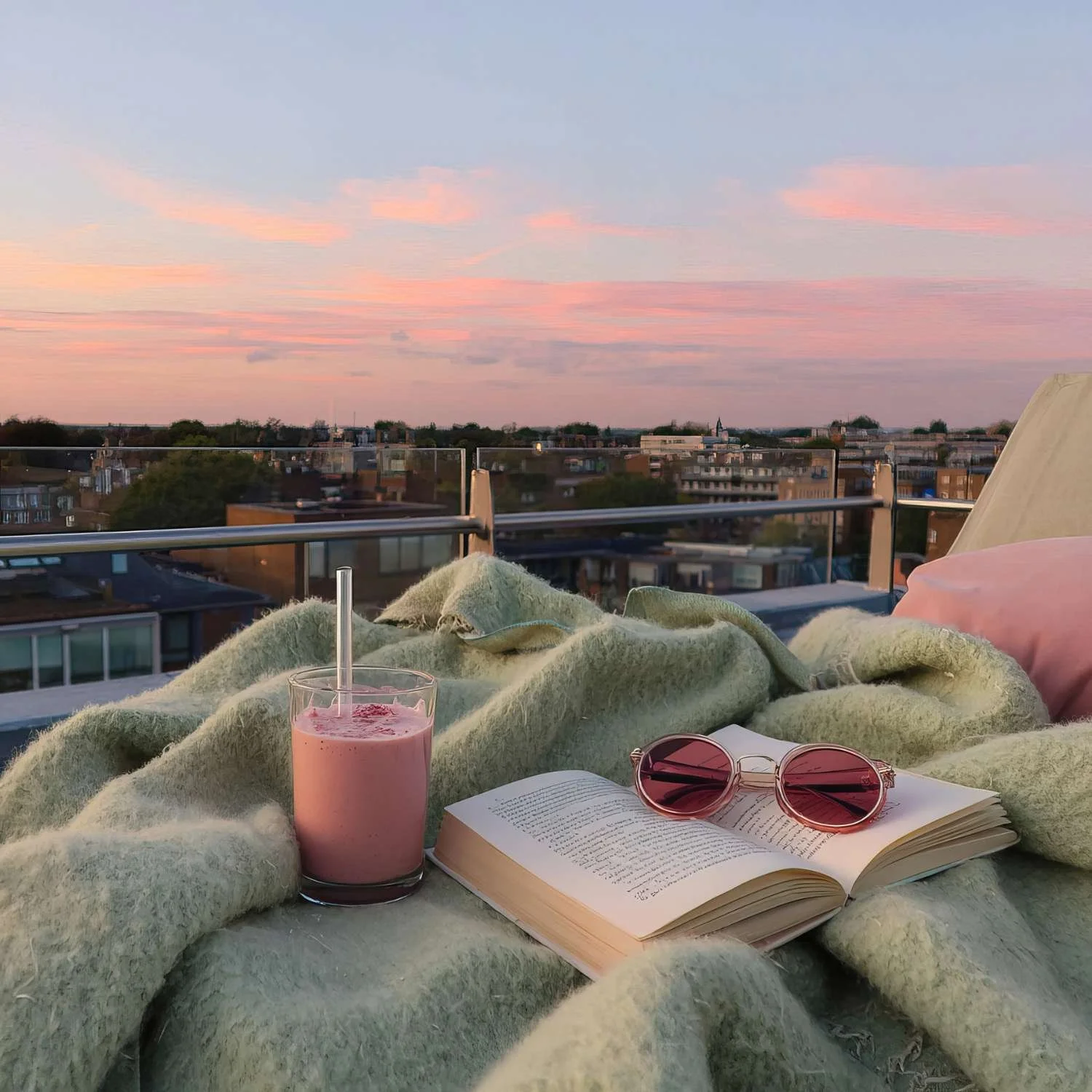 Relaxing work-from-home rooftop environment with a yummy smoothie, blanket, sunnies and book