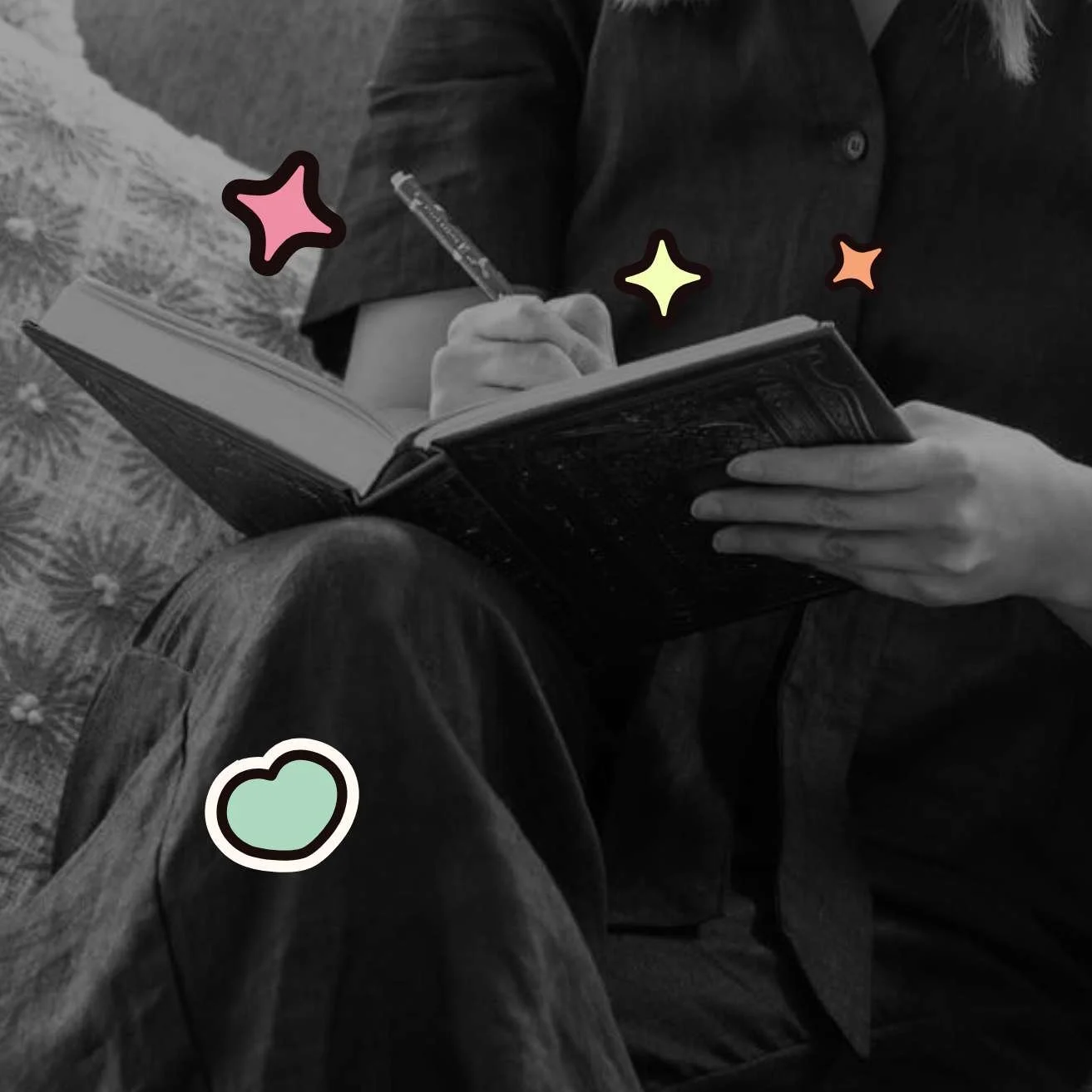 greyscale-style women writing in notebook with colourful heart and star graphics