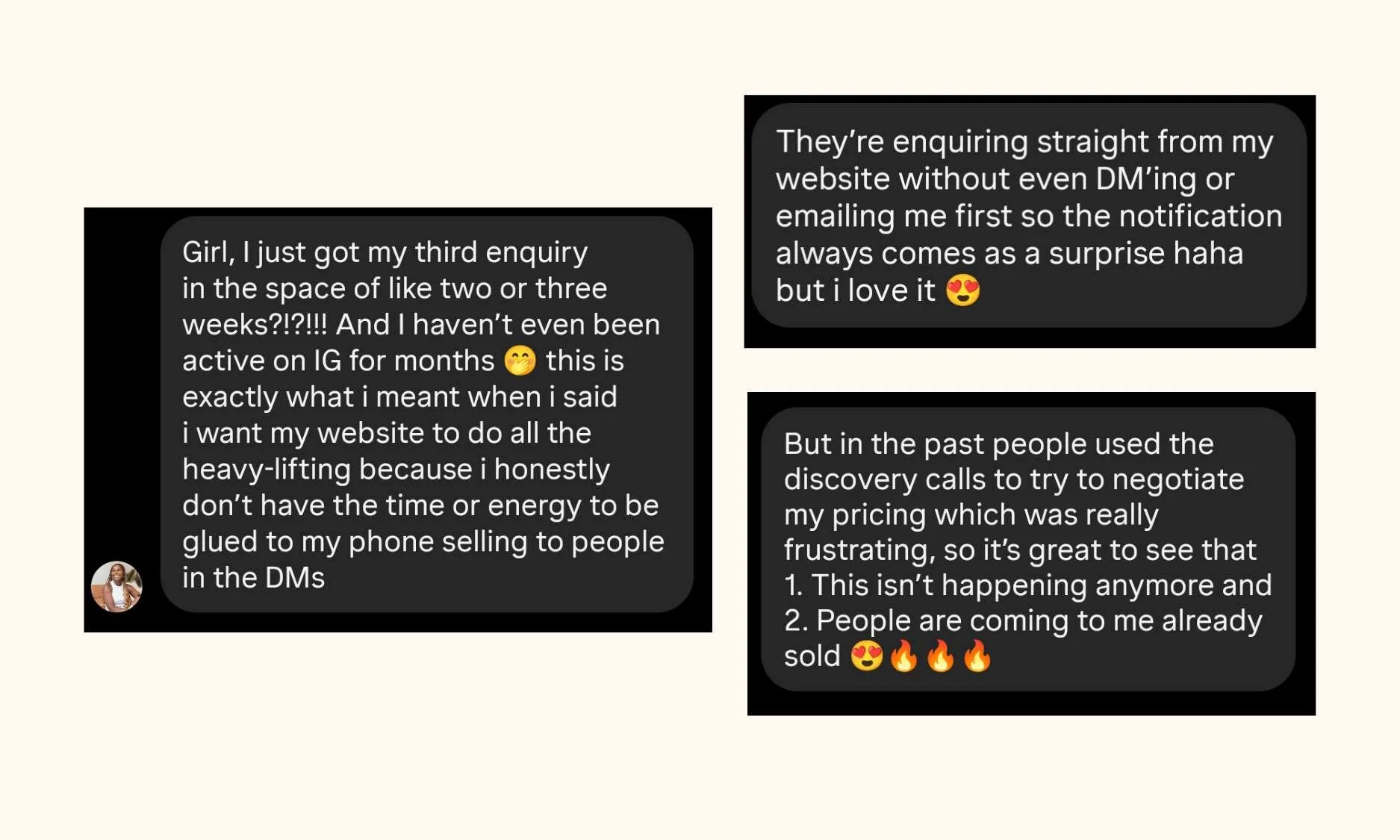 authentic screen shots from DM conversations with Elisabeth Barnes showing results she's had with her website since she worked with Sarah Marriott website copywriter