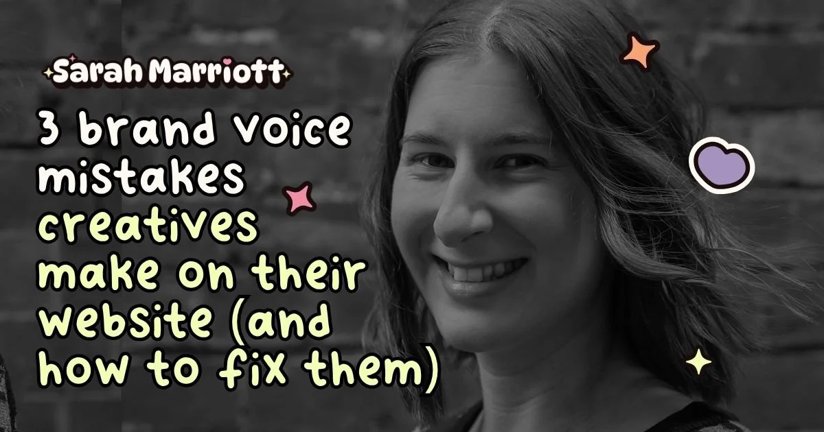Sarah Marriott, a website copywriter, smiling at the camera standing in front of a brick wall with the title '3 brand voice mistakes creatives make on their website (and how to fix them)'