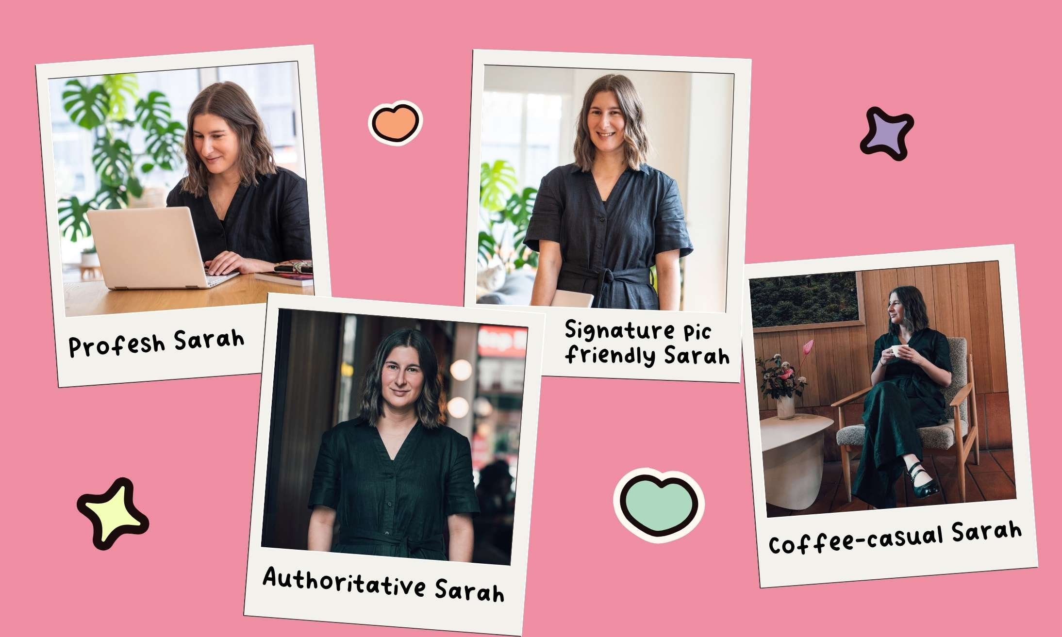 Polaroid photo montage of professional photos of Sarah Marriott. Two are in a relaxing, bright home environment, and two are set in a cosy coffee shop.