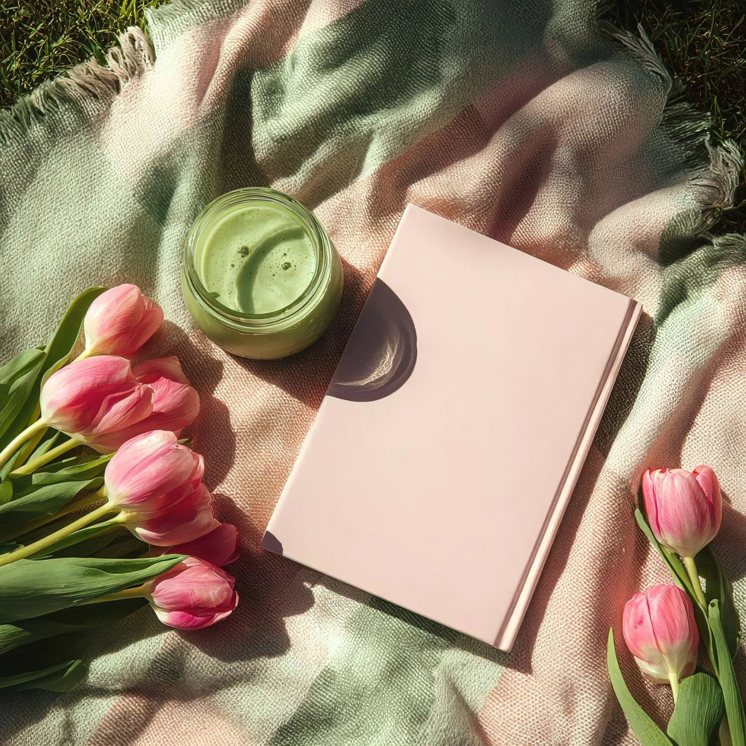 pink notebook with hot cup of matcha on nice pink cloth surrounded by pink tulip flowers setting a picnic scene