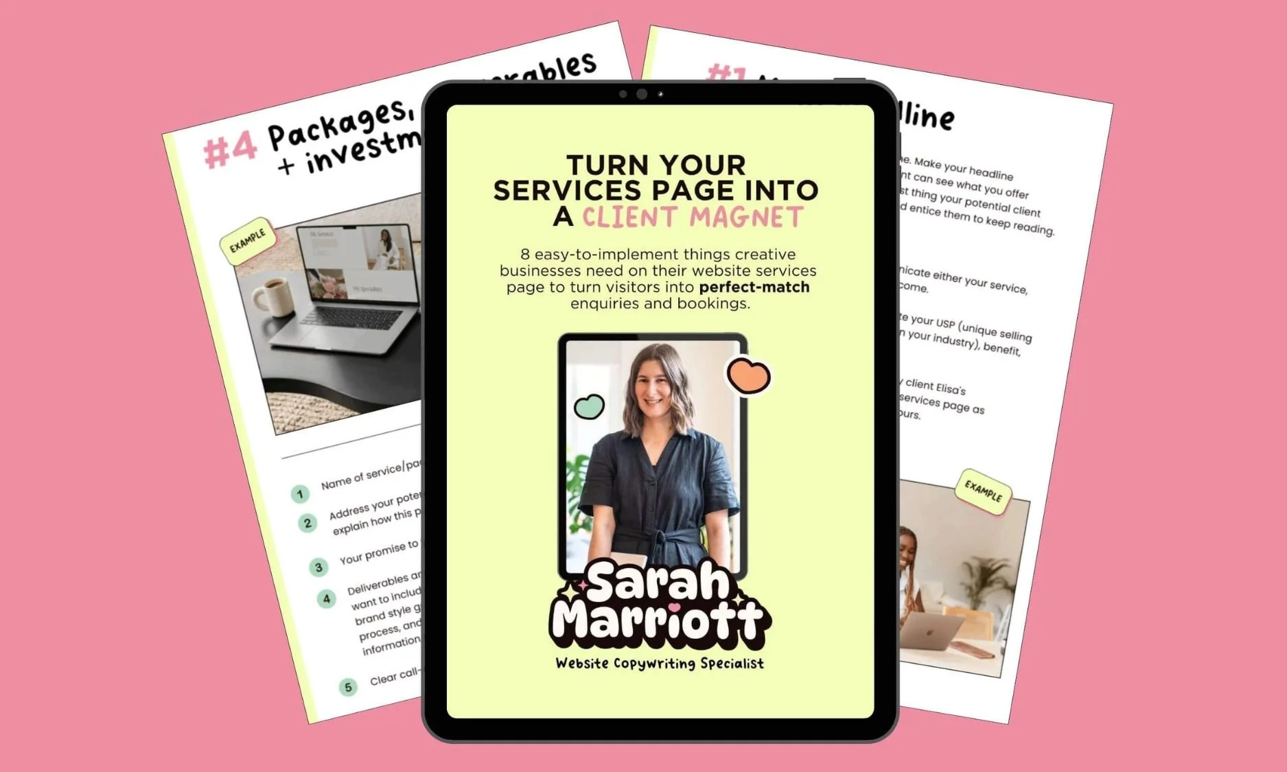examples of what you get in Sarah Marriott's free services page copy guide, showing 2 pages included and the cover