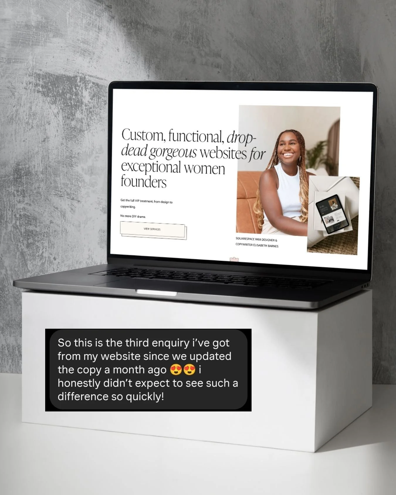 A laptop open, sitting on a block, with Elisabeth Barne's website on the screen. Also displaying a DM saying she has had three enquiries since she has worked with Sarah Marriott, copywriter