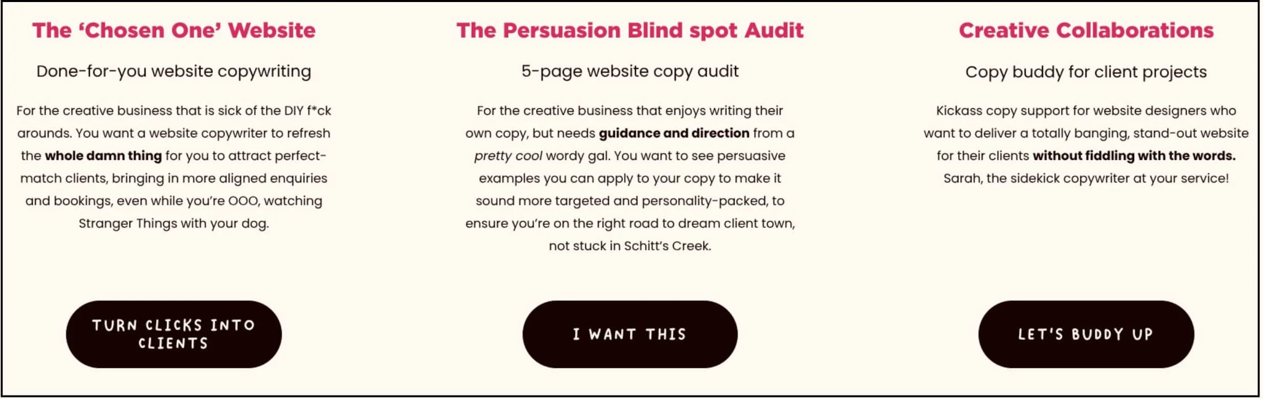 Example of call-to-action buttons using clear but quirky text to make clients click
