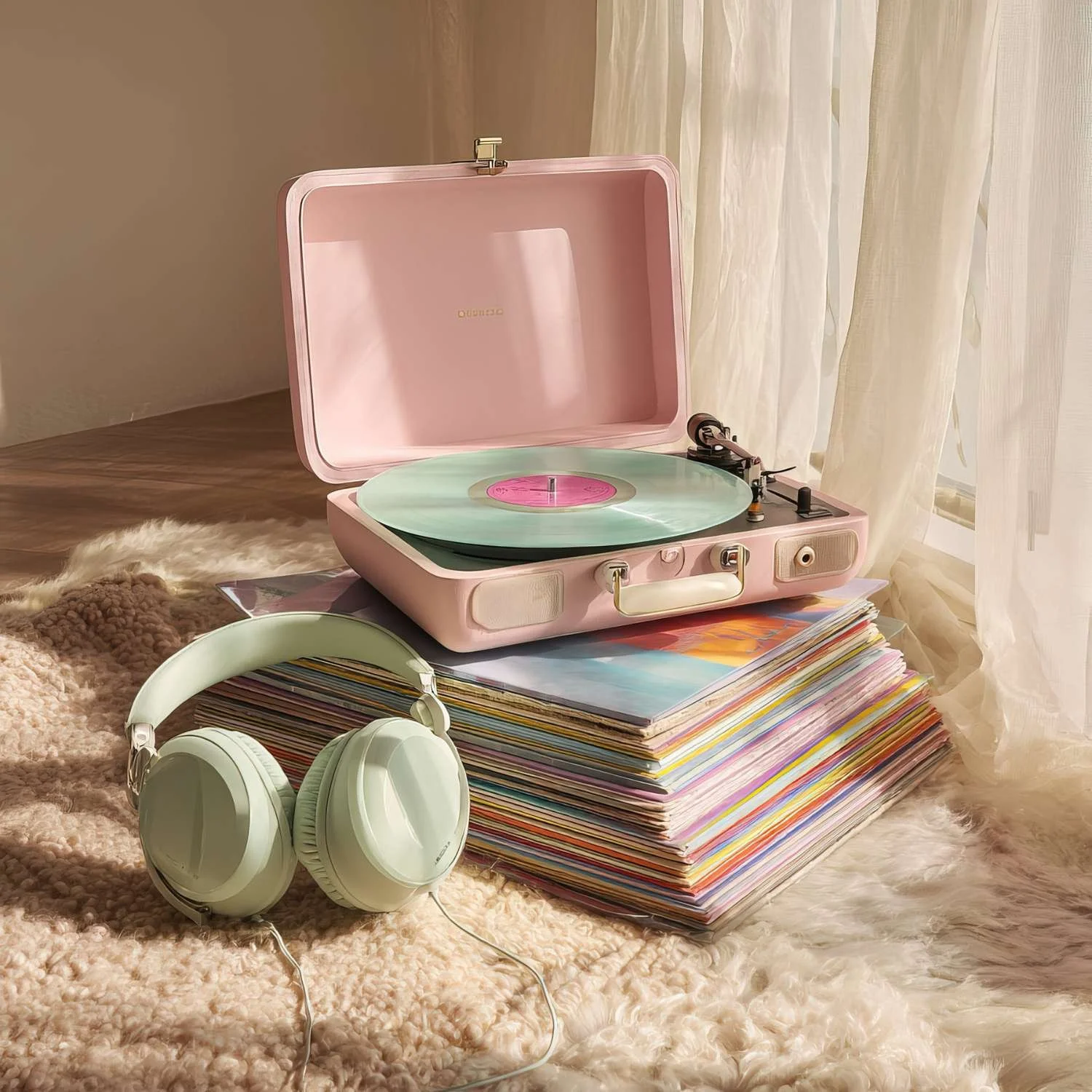 A pastel pink record player spins a vinyl on a stack of colourful records. Mint green headphones rest on a soft, fluffy rug. Sunlight filters through sheer curtains, creating a warm, nostalgic scene