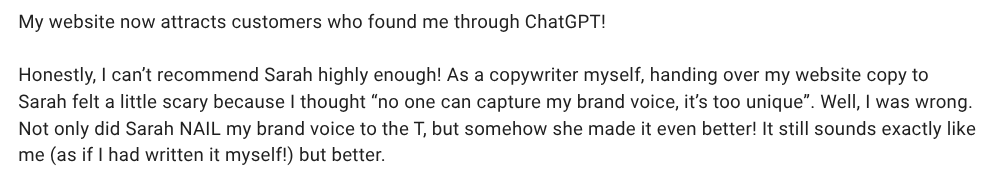 client testimonial from Elisabeth Barnes, Sarah's client saying her website now attracts customers from Chat GPT searches