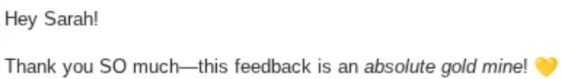 Email screenshot from a client saying the feedback on their website is a gold mine