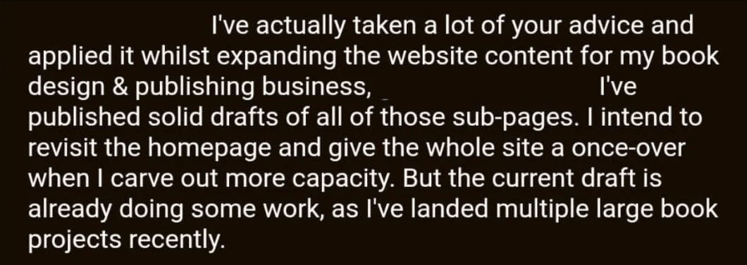 Email screenshot from a client who worked with Sarah Marriott saying they have landed multiple projects recently after applying the copy audit
