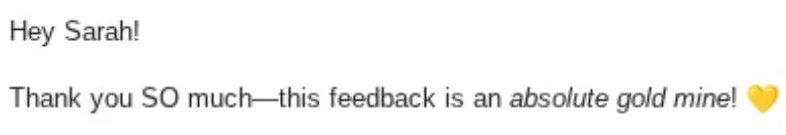 Positive comment from a website designer that Sarah gave copy feedback to