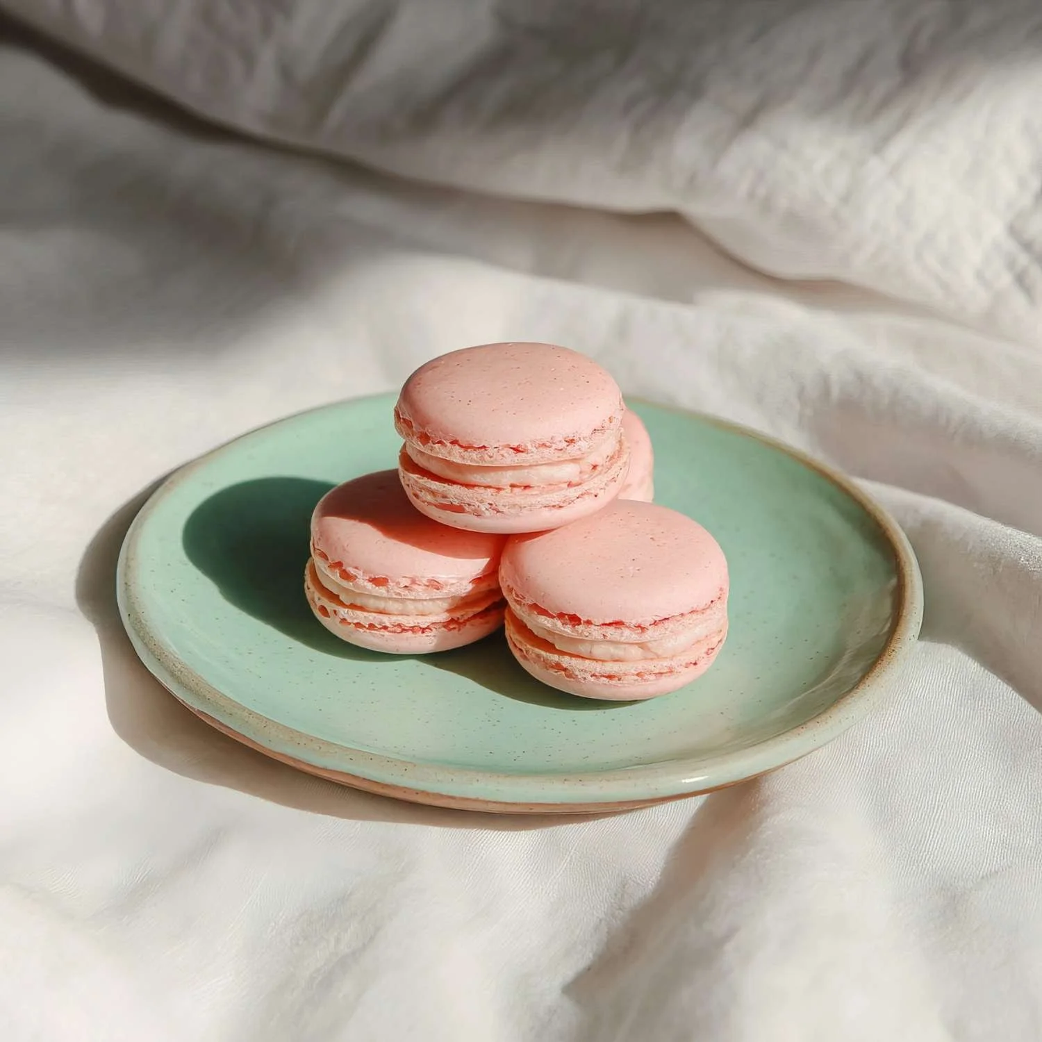 green plate of yummy-looking three pink macarons on white table cloth
