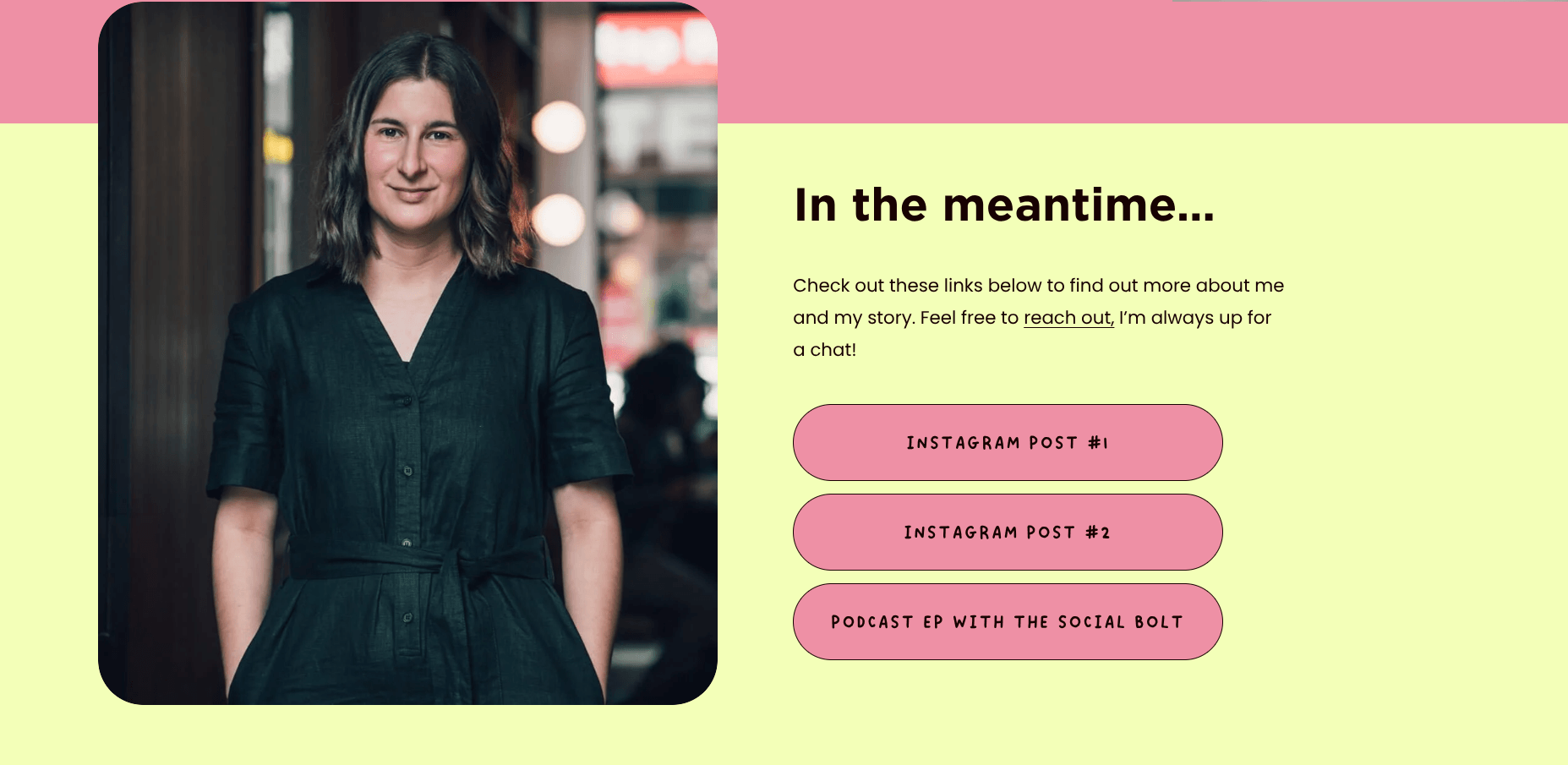 Example of Sarah's about page temporary page showing a photo of her with links to her relevant Instagram posts and podcast episode