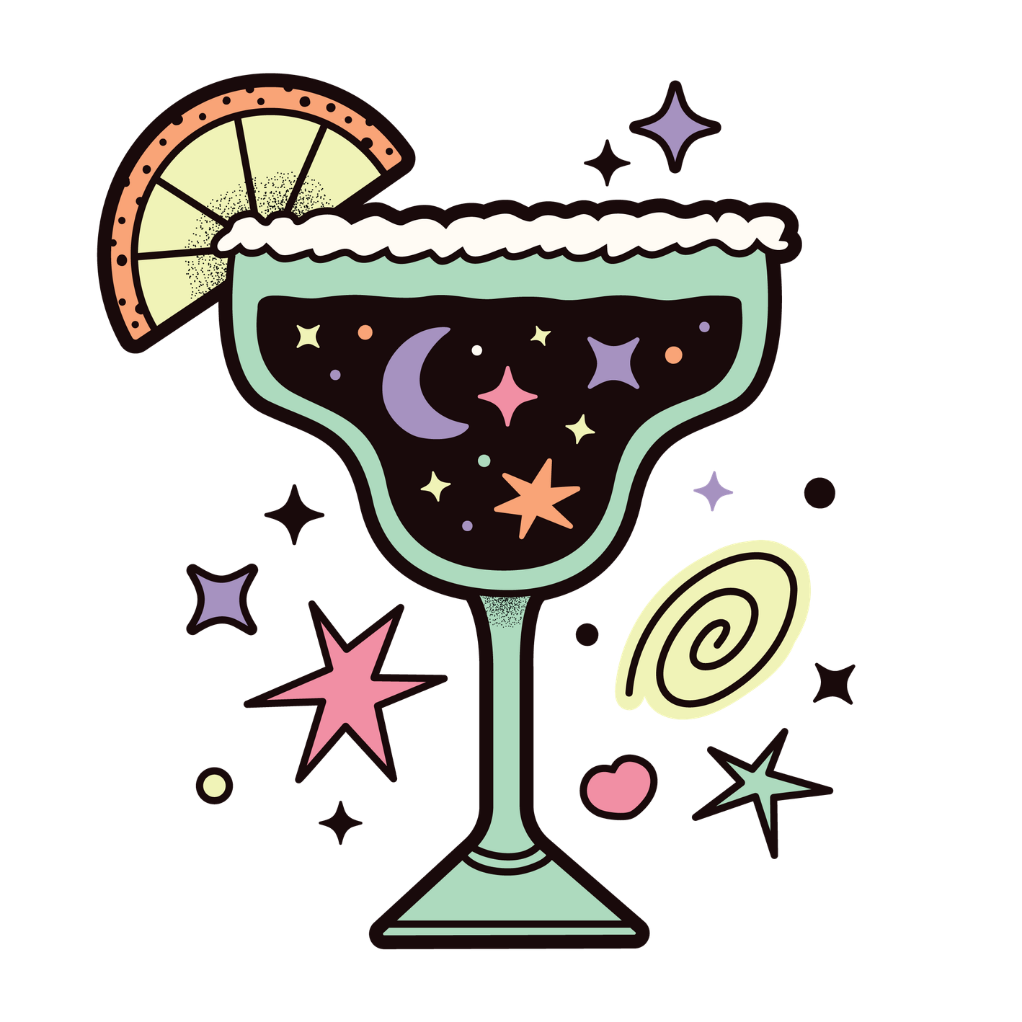 colourful illustration-style martini glass with hearts, stars, moons and decorations