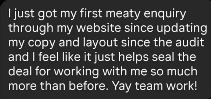 DM showing social proof of a client getting an enquiry through their website after getting a copy audit