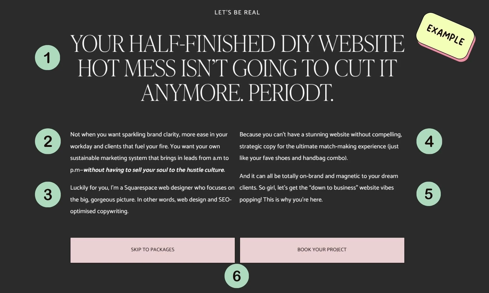 services page snippet example from Elisabeth Barnes's website in Sarah's free guide, using a client's page to break down the sections