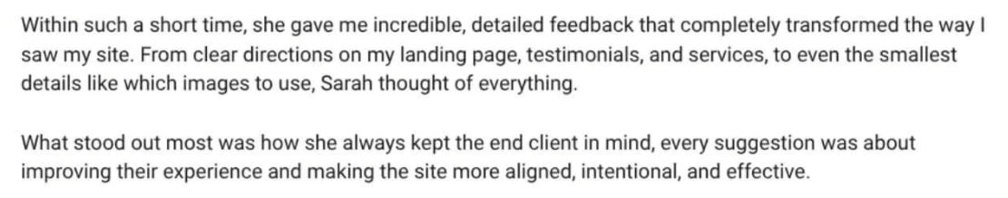 Google review showing social proof from a client who got a copy audit from Sarah Marriott