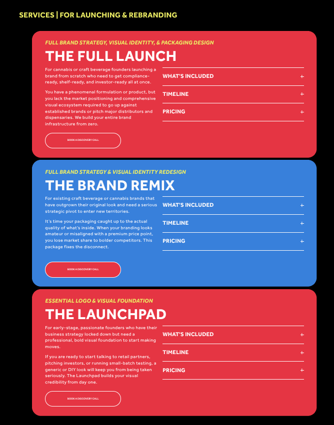 service package details featuring the full launch, the brand remix and the launchpad