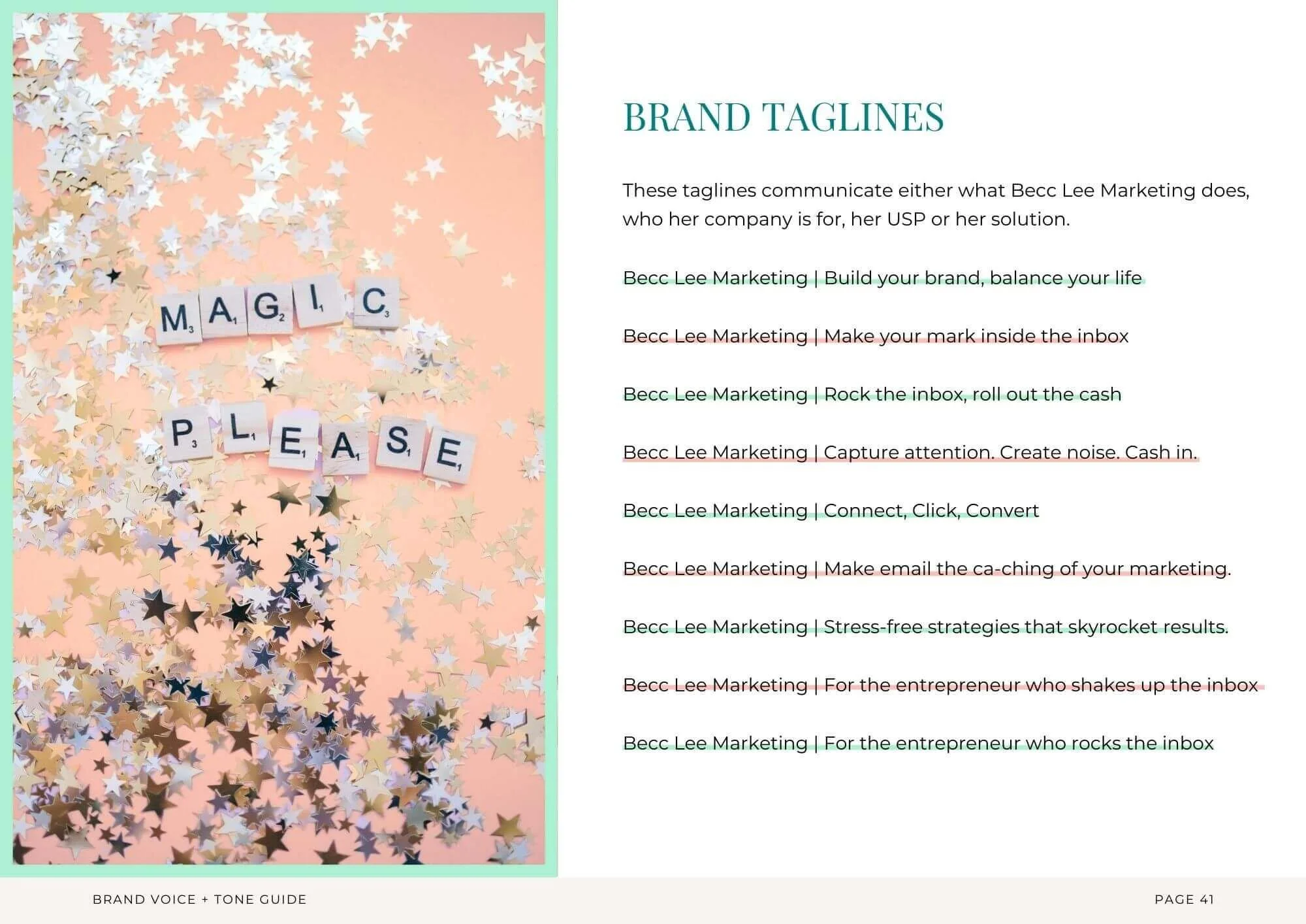 Brand taglines for Becc Lee Marketing as part of her brand voice and tone of voice guidelines