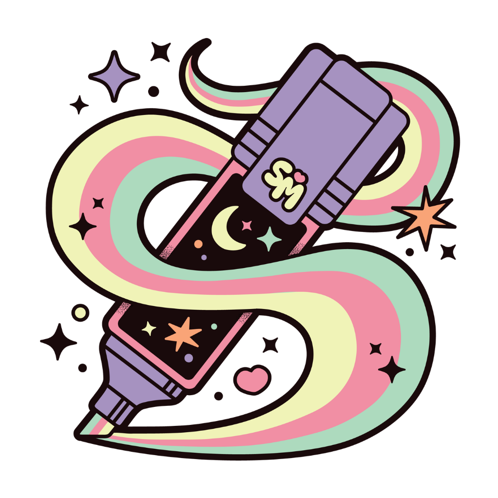 colourful illustration-style marker pen with hearts, stars, and decorations