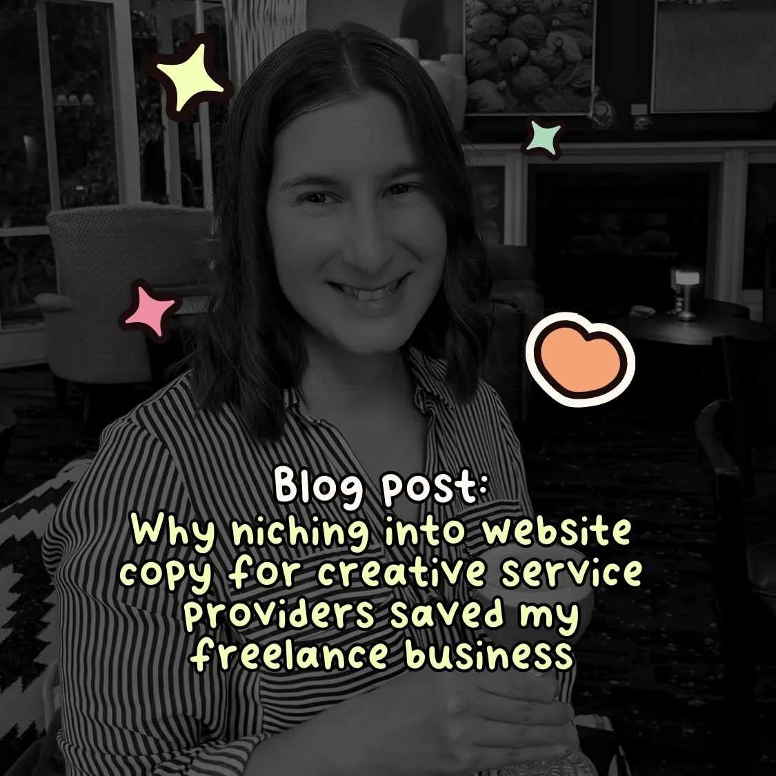 Sarah holding a fancy drink with a title that says blog post: why niching into website copy for creative service providers saved my freelance business