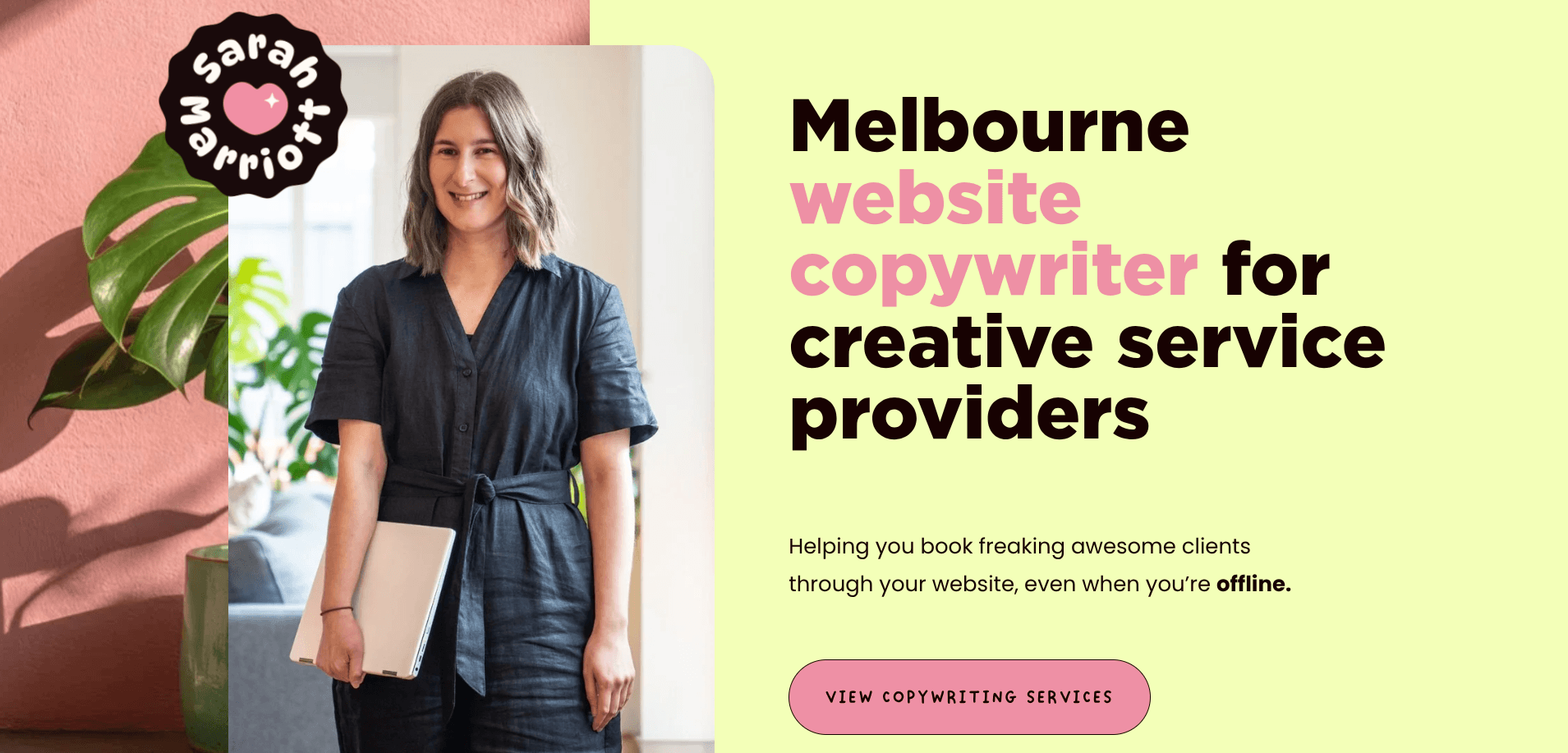 Screen shot of Sarah Marriott's homepage design layout to represent her website relaunch
