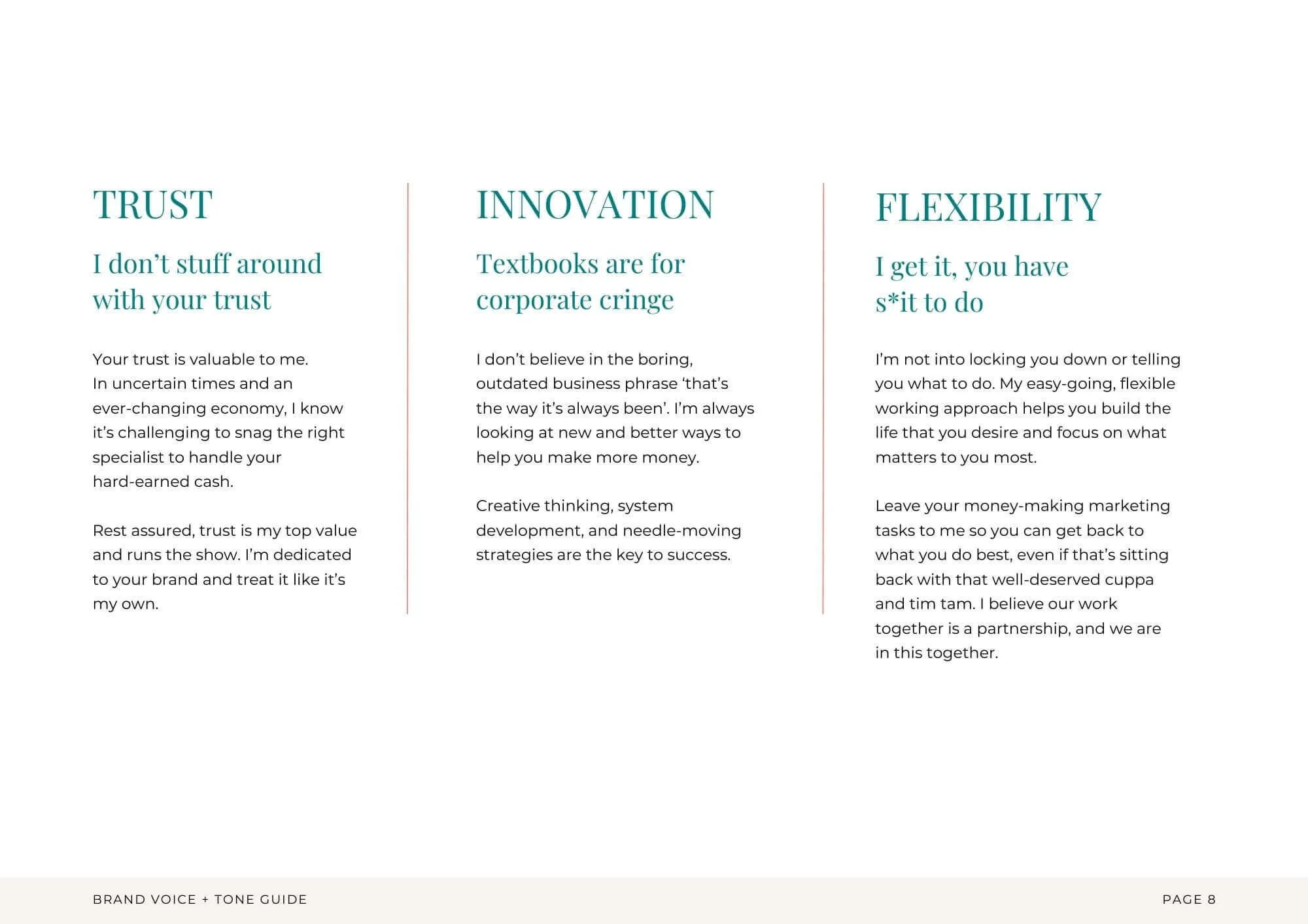 Brand values for Becc Lee Marketing as part of her brand voice and tone of voice guidelines