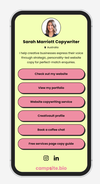 Example of Sarah's bio in Campsite showing branded colours and fonts