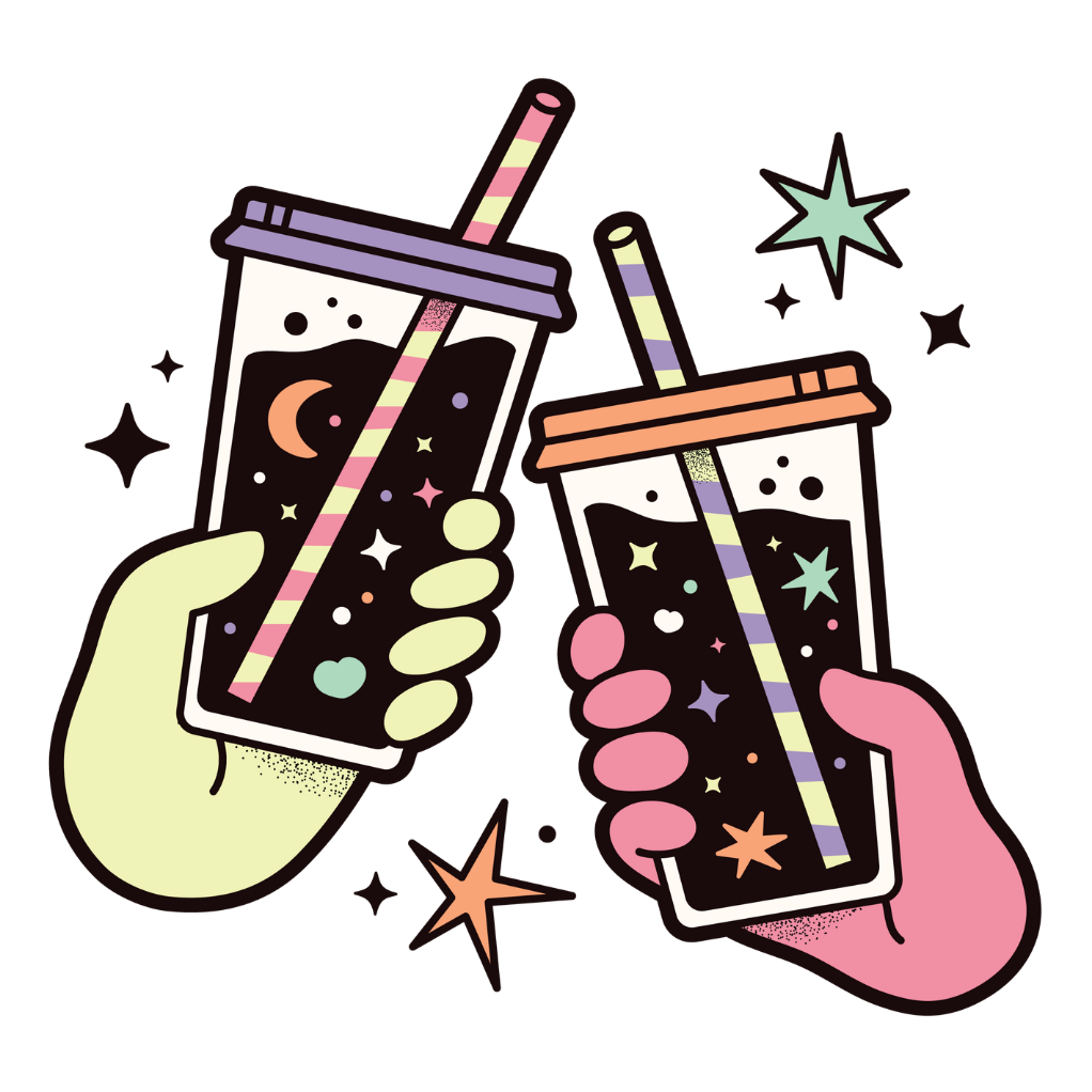 Colourful Illustrative design of two hands holding drinks doing cheers to represent Sarah Marriott's creative collaboration service