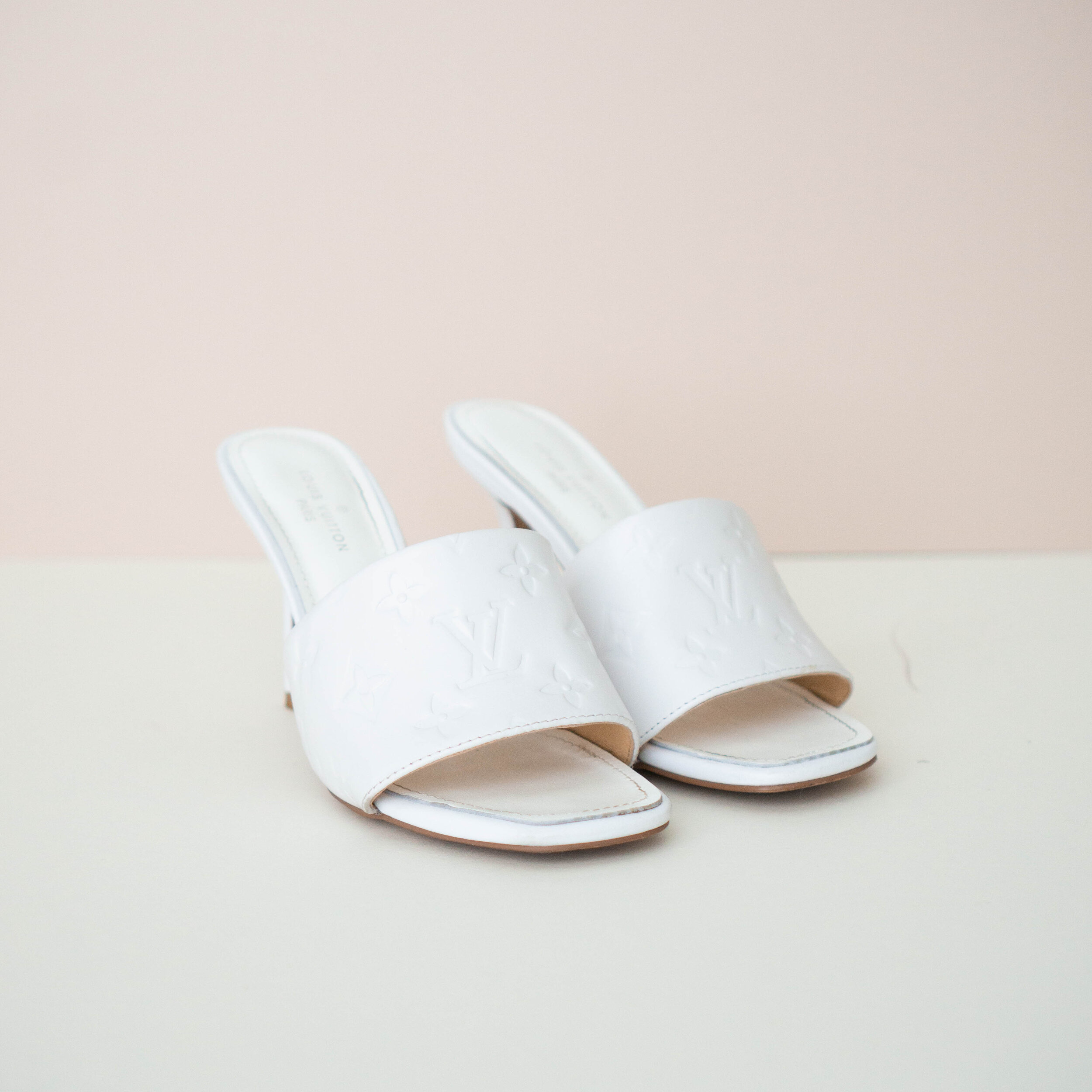 LV White Embossed Heels — rachelkaejenkins