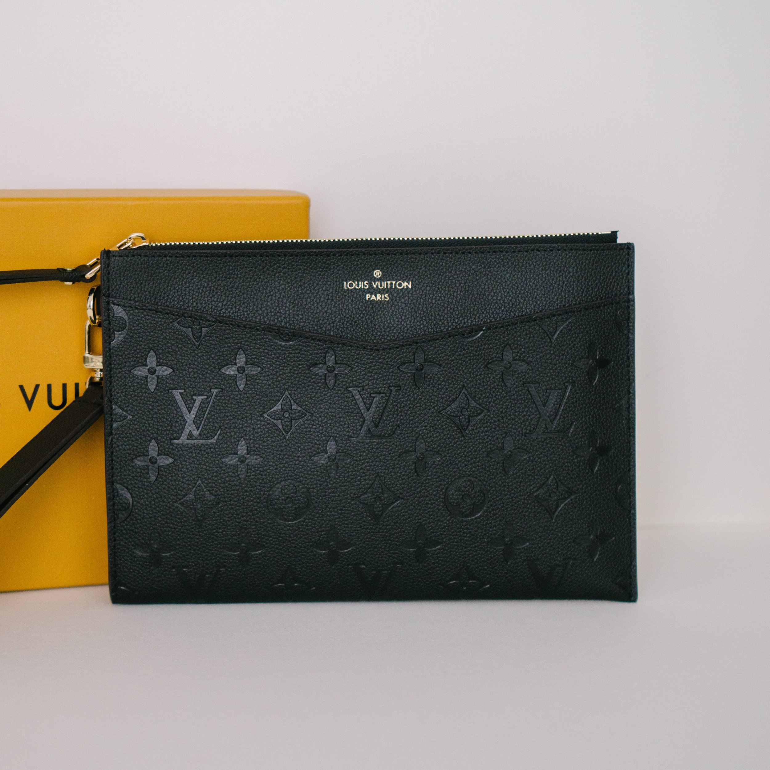 LOUIS VUITTON Daily Pouch Monogram Embossed Leather Clutch Bag Black
