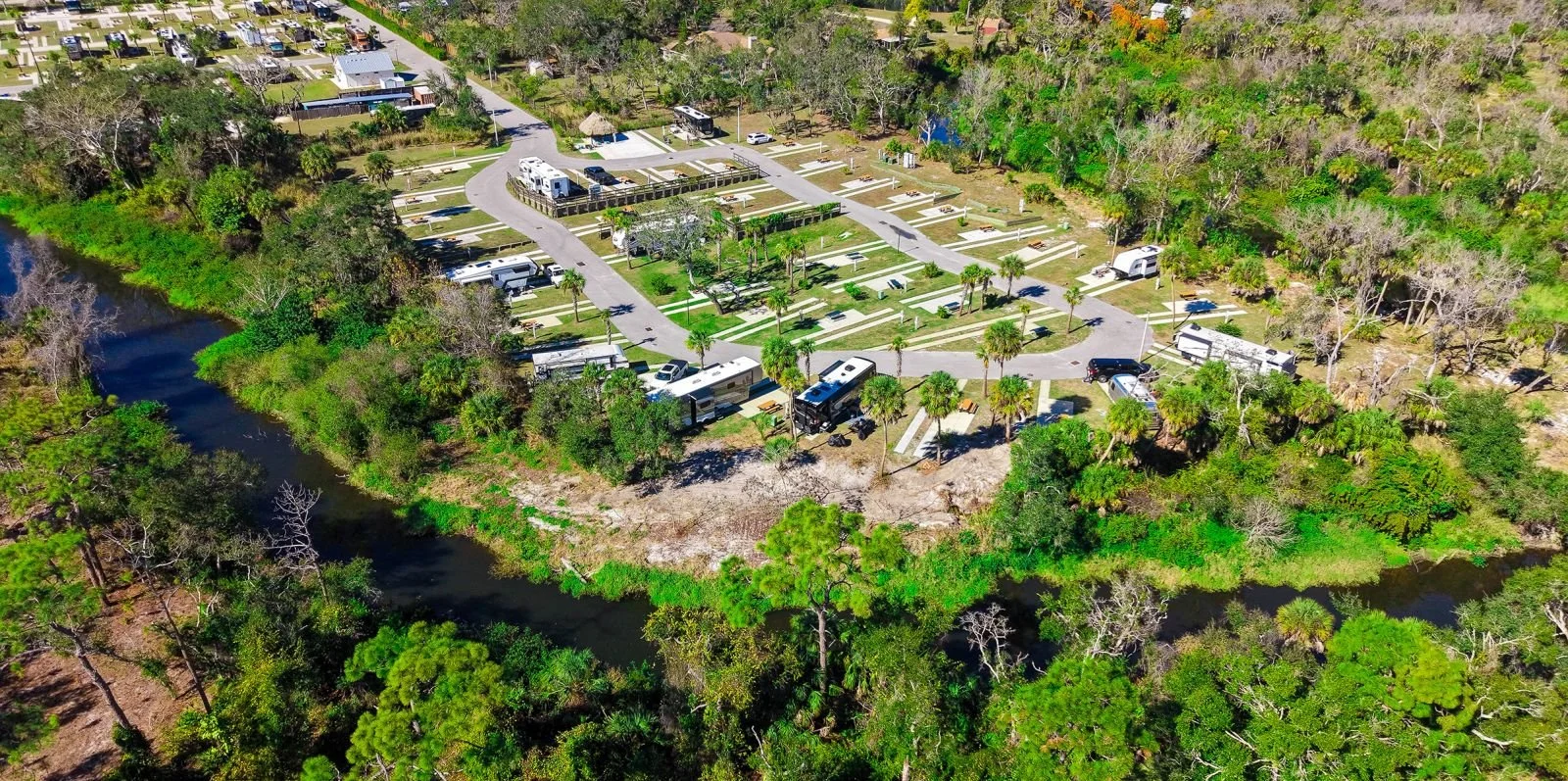 RV park aerlial view from top birds eye, lots, nature in florida, greenery