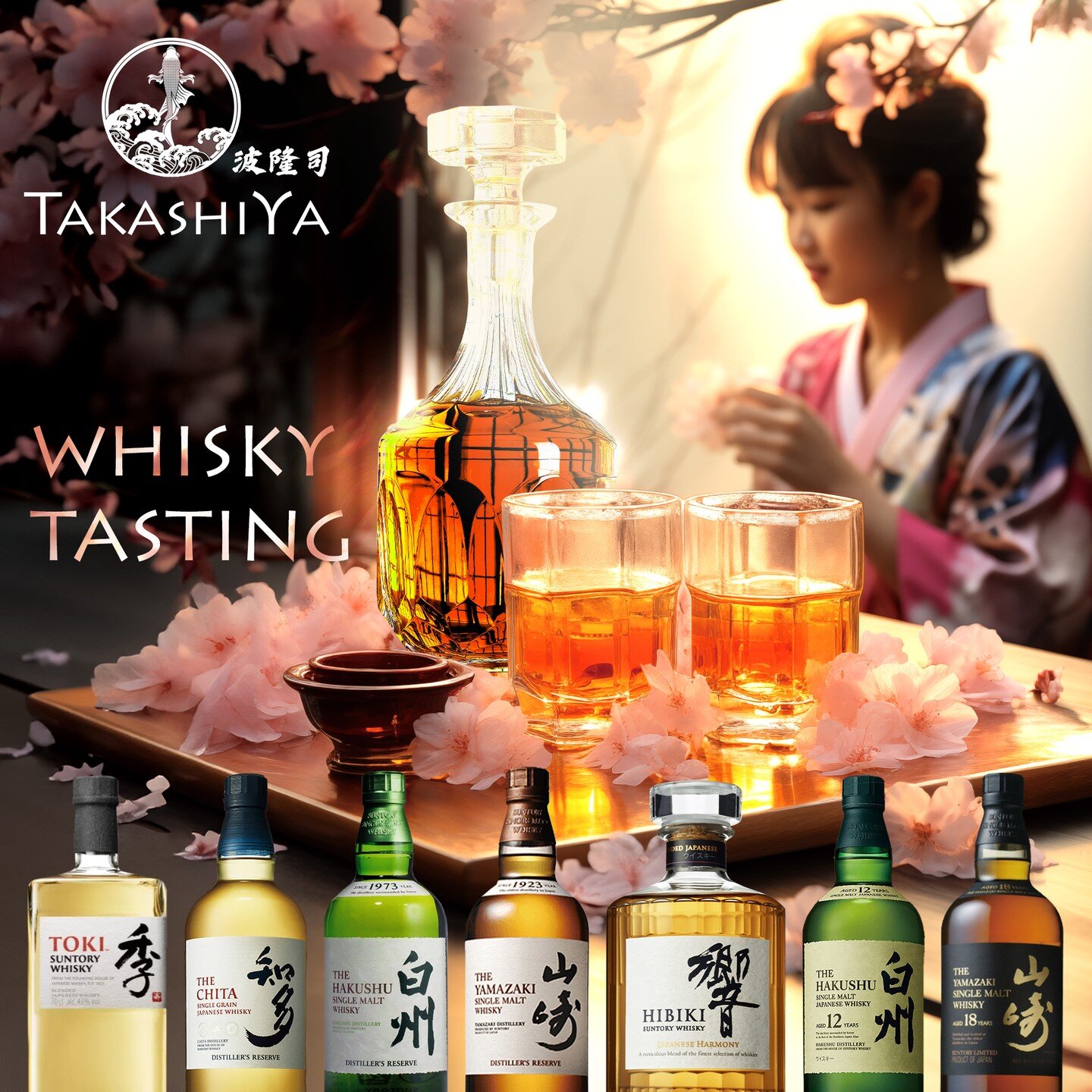 🌸 Dive into the allure of cherry blossoms as you sip on Japan's finest whiskies! 🥃 Join us for an enchanting Japanese Whisky Tasting Night, perfectly synced with the sakura season. 
Indulge in a 12-course Mini Omakase menu pairing with 7 premium Ja