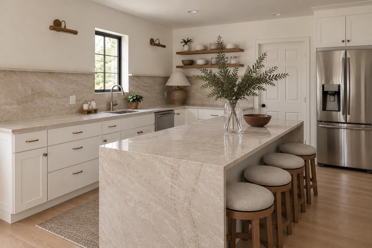 Modern kitchen with white cabinets, beige marble countertops, stainless steel refrigerator, and a large beige marble island with four beige cushioned stools. There are open wooden shelves with dishes, a large vase with greenery on the island, and a window above the sink.