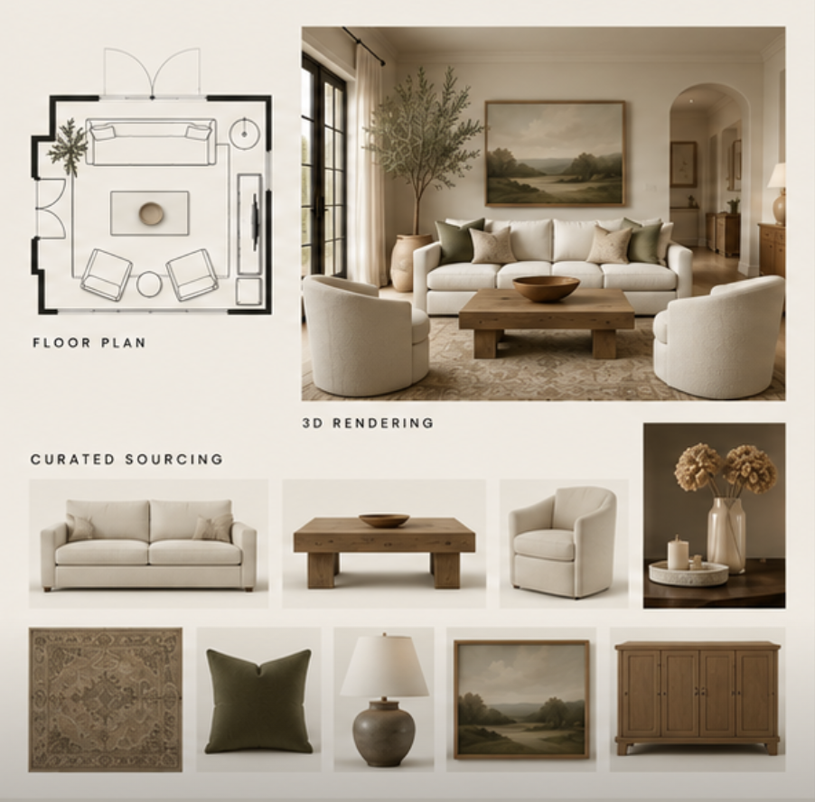 Living room with white sofa, two armchairs, wooden coffee table, artwork, and potted plant; floor plan layout of the room.